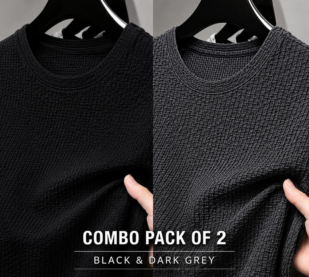 Textured Waffle Knit T-Shirt – Combo Pack of 2 (Black & Dark Grey)