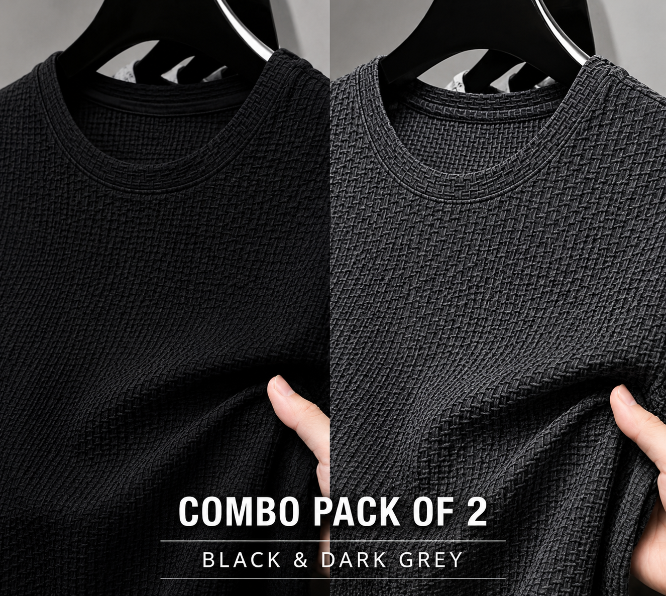 Textured Waffle Knit T-Shirt – Combo Pack of 2 (Black & Dark Grey)