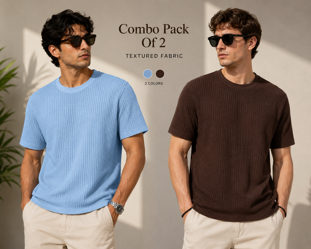 Combo Pack Of 2 – Textured Fabric T-Shirts (Sky Blue & Dark Brown)
