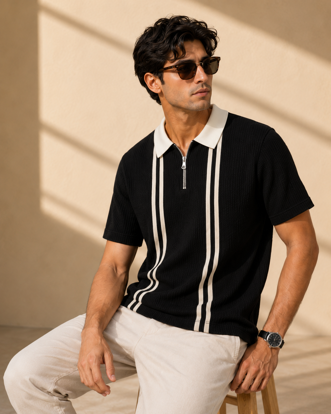 Black Stripe Zip Polo