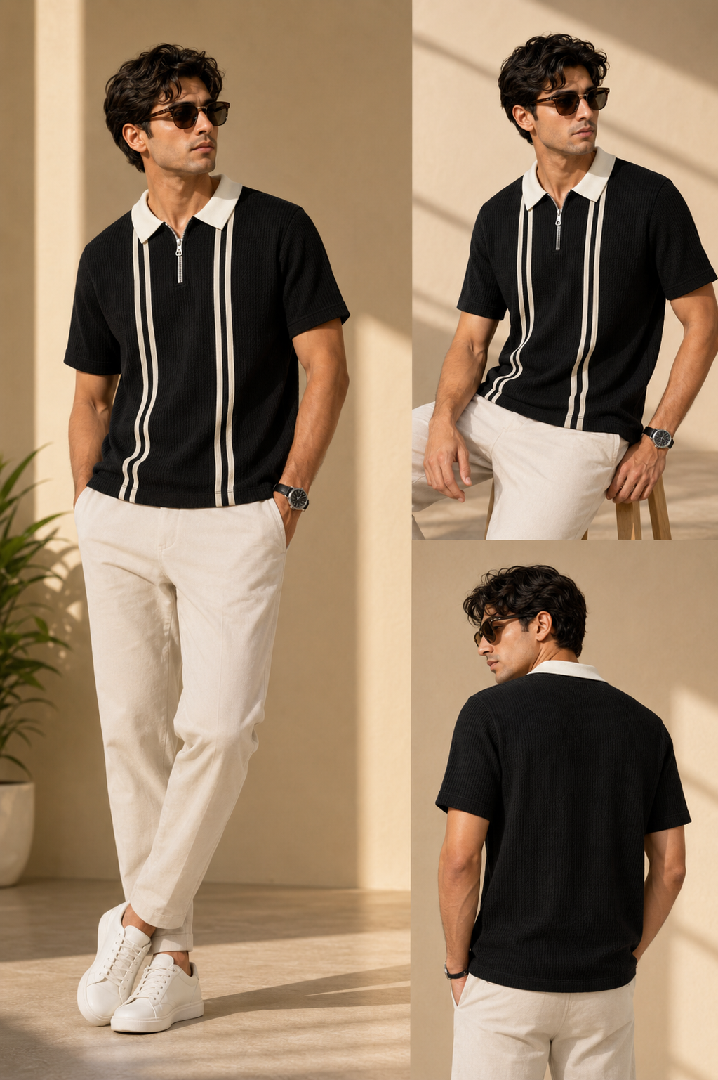 Black Stripe Zip Polo