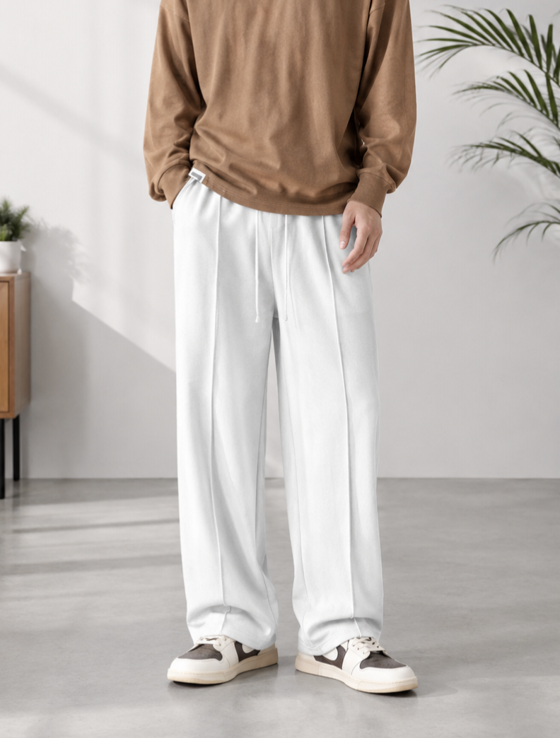 White Wide-Leg Drawstring Trousers