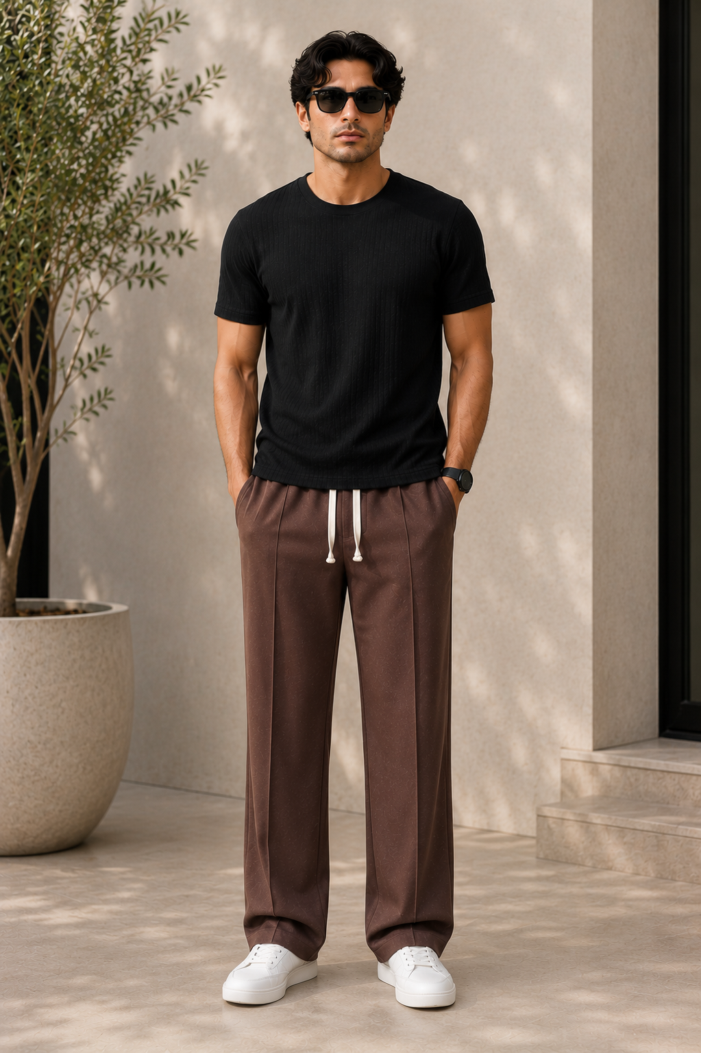 Brown Wide-Leg Drawstring Trousers