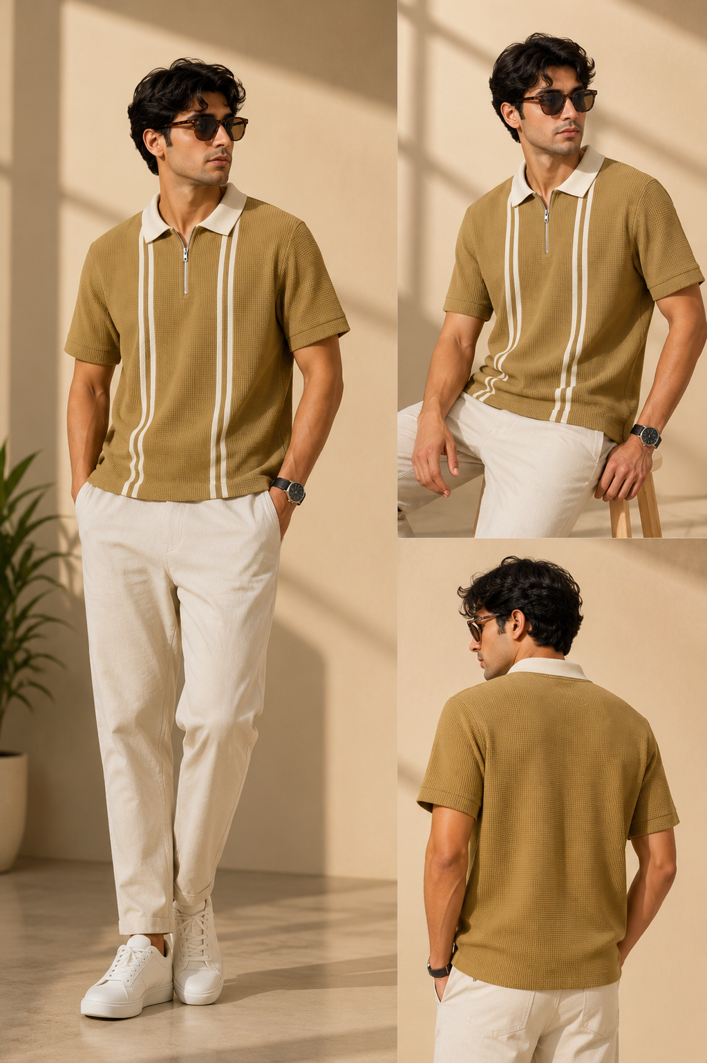 Waffle Knit Zip Polo