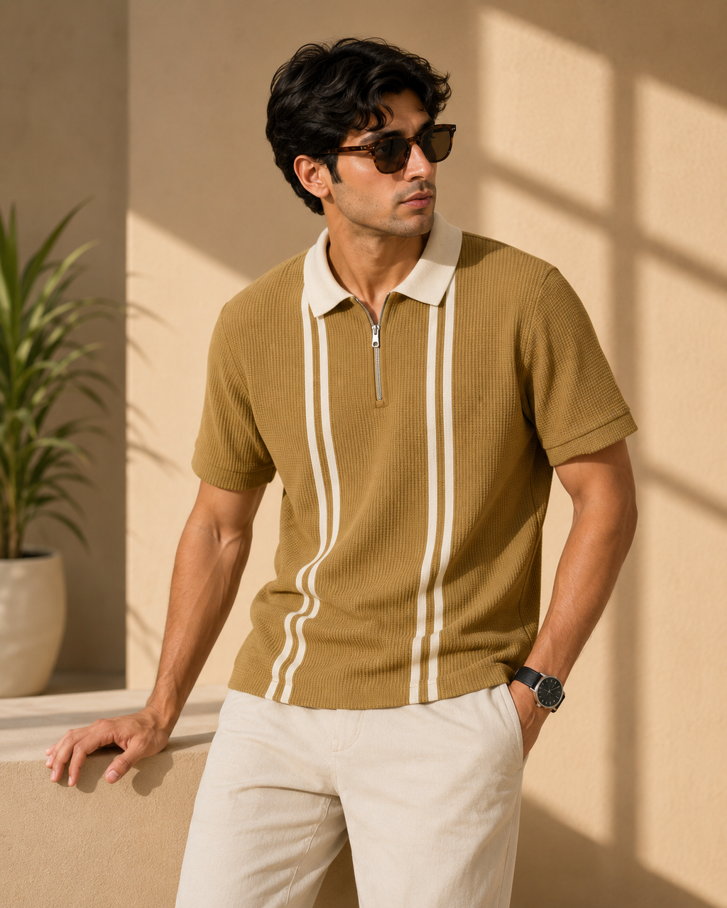 Waffle Knit Zip Polo