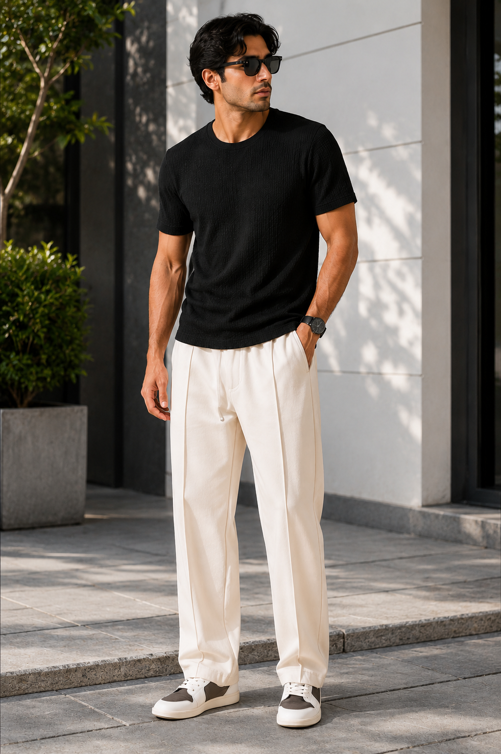 Pleated Wide-Leg Trousers – Cream/Off-White