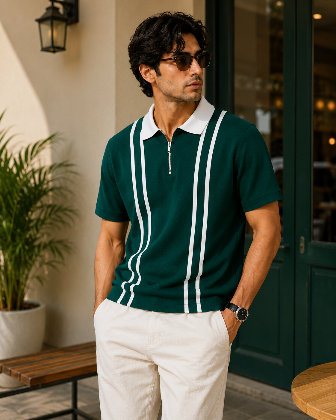 Forest Green Stripe Zip Polo