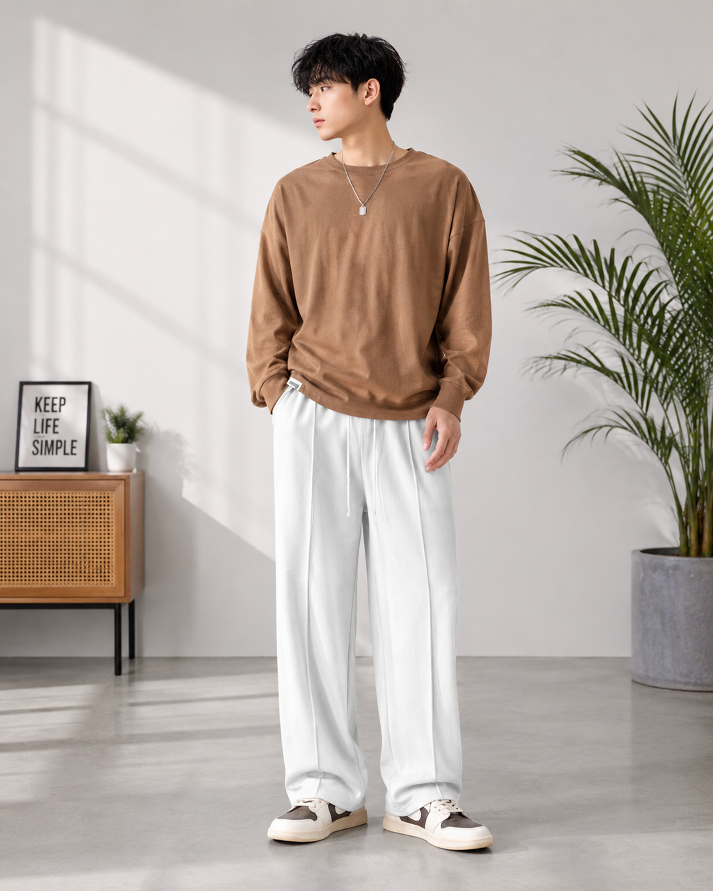White Wide-Leg Drawstring Trousers