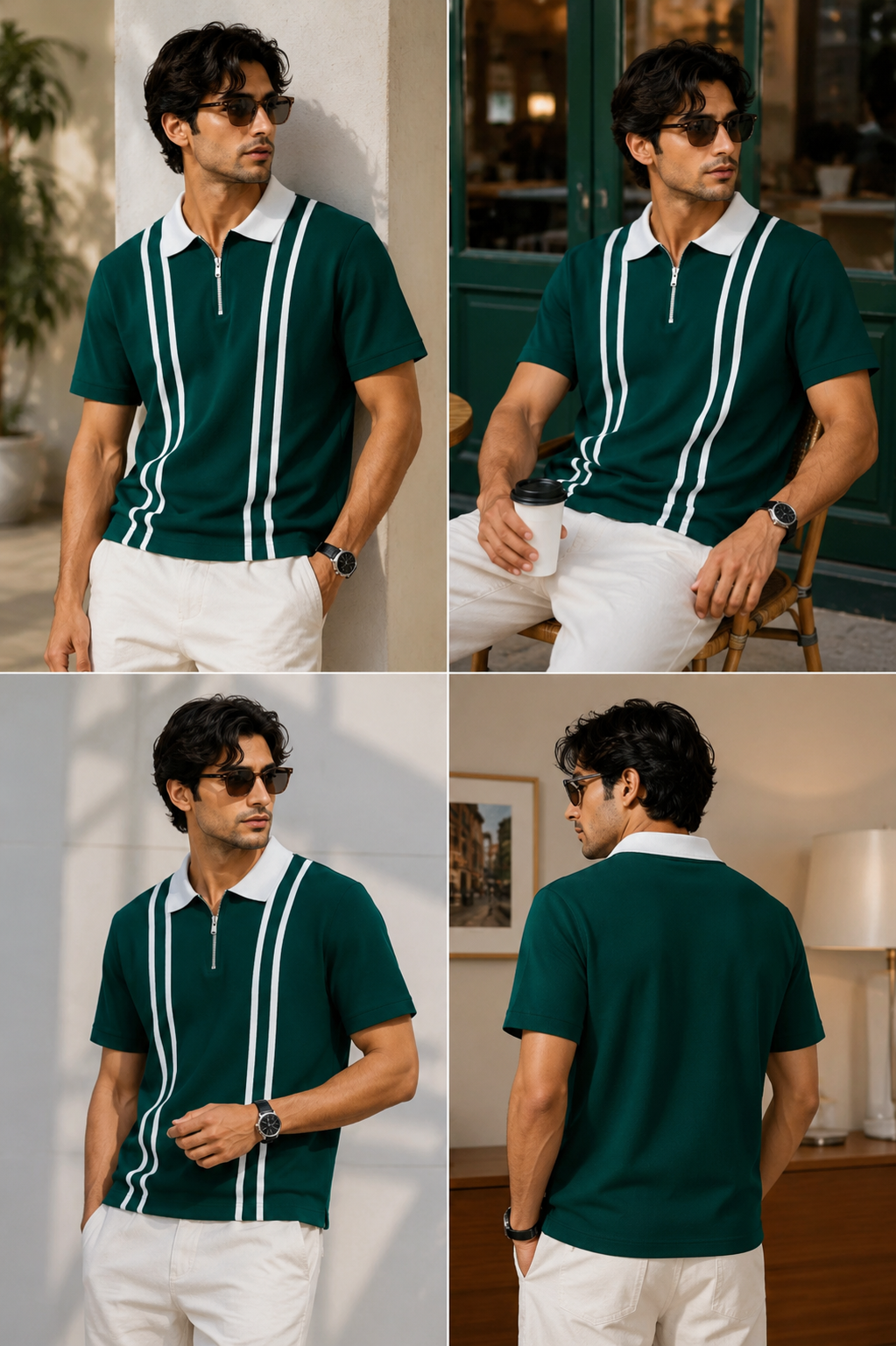 Forest Green Stripe Zip Polo